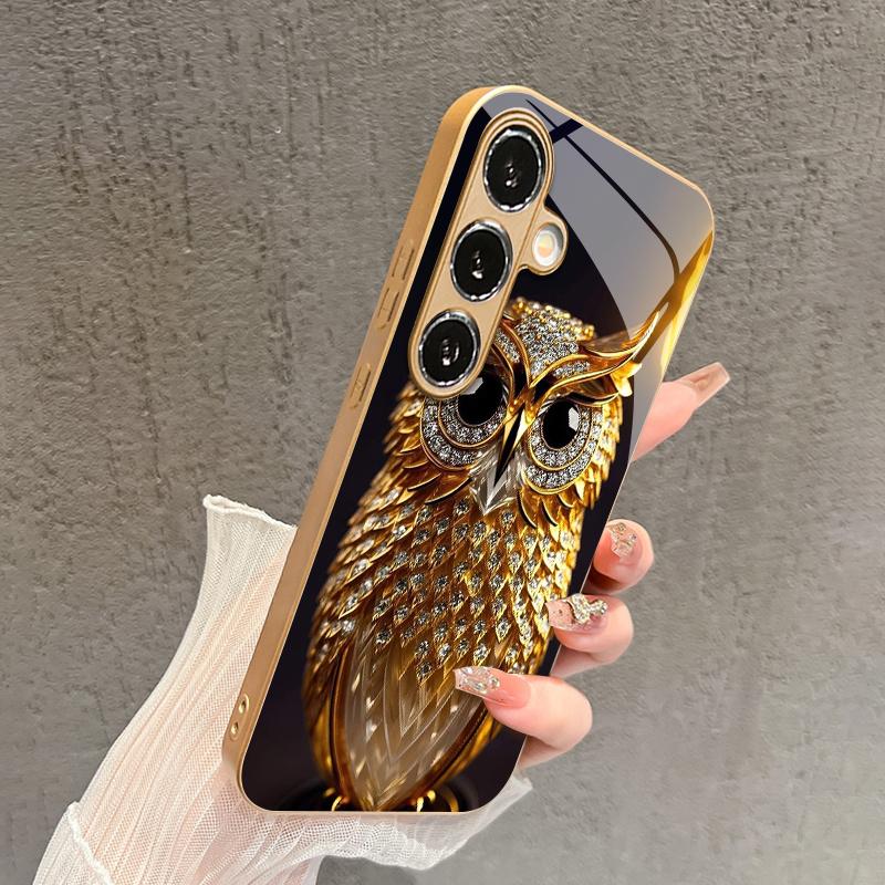 2D чехол для телефона с узором 'Сова и драгоценные камни' для Samsung S26 S25 S24 S23 S22 S21 S20 A55 - Золотая металлическая краска Стеклянная защитная крышка