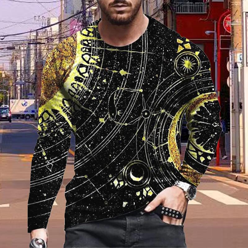 New 3D Sun and Moon Print Mens Tshirts Long Sleeve Tees Round Neck Casual Pullover Mens Clothing Plus Size