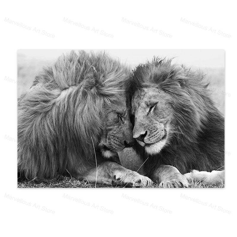 Черно-белые львы, картины на холсте на стене, художественные постеры и принты, африканские животные, голова к голове, картина Куадрос, домашний декор