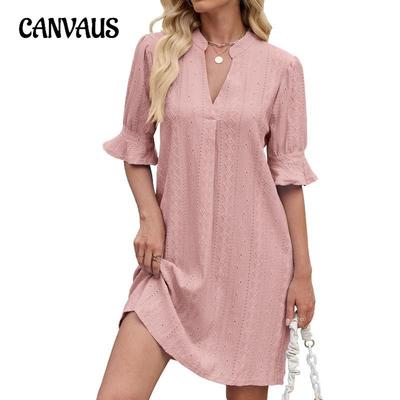 Женские новые весенне-летние однотонные жаккардовые свободные платья с рукавом пять четвертей и V-образным вырезом