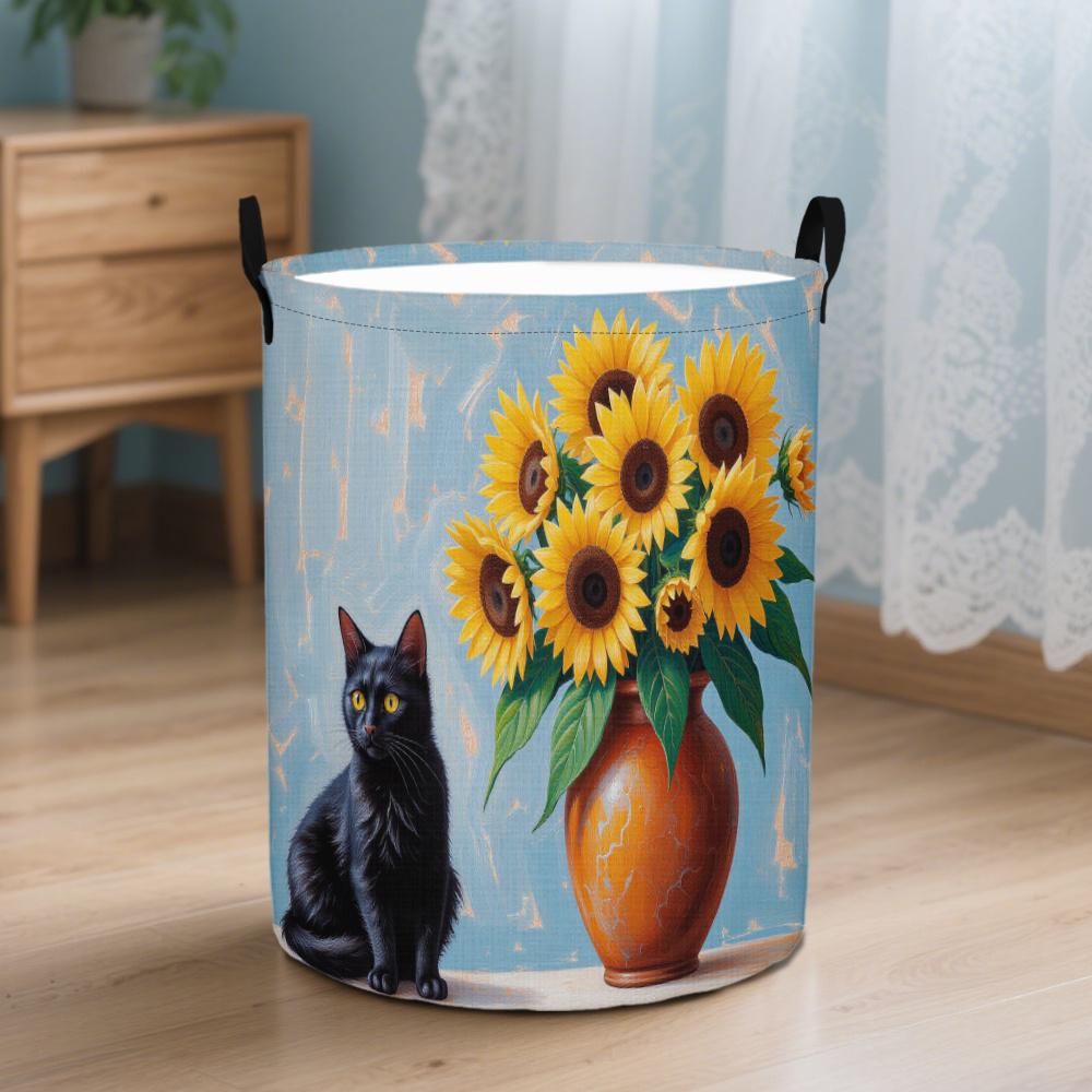 1pc Laundry Basket, Cat and Sunflower Vase Design Laundry Basket, Spacious Storage and Finishing Basket with Handle, Suitable for Daily Use, Laundry B