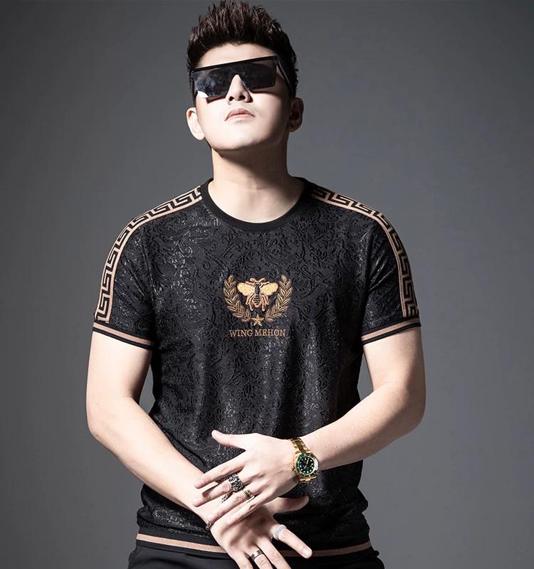 Light Luxury Short-Sleeve Men's Trendy Brand 2025 New Style Half-Sleeve Fashion Slim-Fit Jacquard Tape Patchwork Small Bee Embroidery T-Shirt