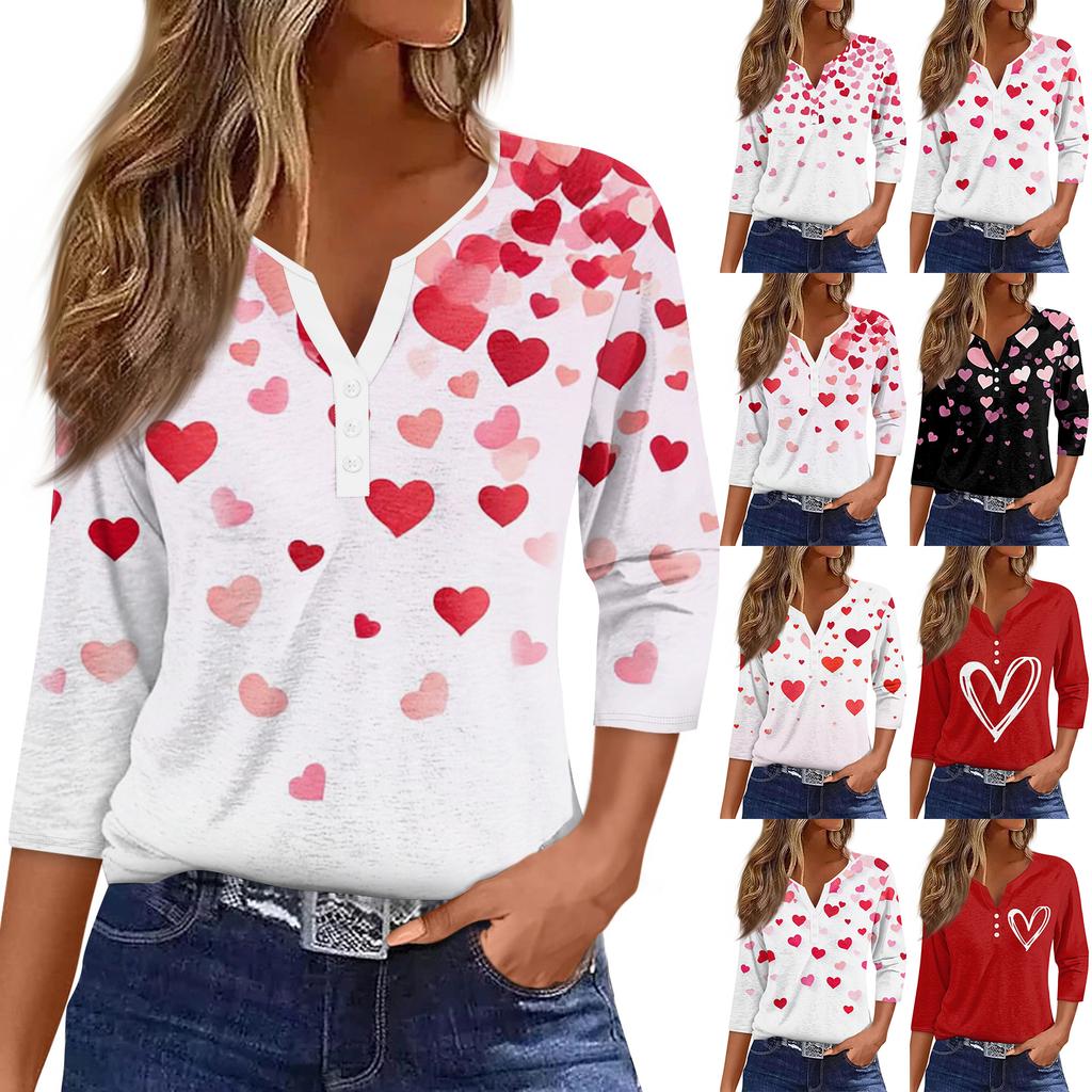 Жен. Футболка Футболка С принтом Пуговицы Рукав 3/4Ежедневно Выходные Мода Классический Топ с v-образным вырезом Обычный