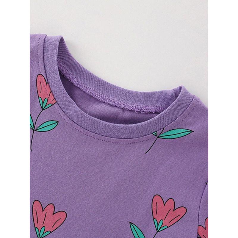 Girls' Purple Tulip Short-Sleeved Dress Baby Pure Cotton Princess Dress Kidsren's Summer Dress Knitted Skirt for Small and Medium-Sized Kidsren