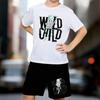 Комплект из 2 предметов для мальчиков WILD CHILD с принтом, футболка с коротким рукавом и комплект шорт для детей возрастом 5-14 лет, Черный, Белый, Спортивный Повседневный Летний Одежда
