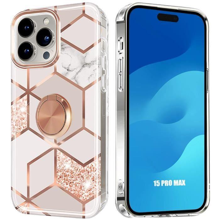 Защитный чехол для iPhone 15 Pro Max - BOOLING - Силикон - Розовый Мрамор - Встроенное кольцо-держатель
