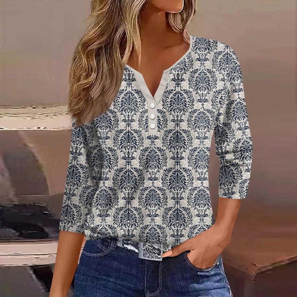 3/4 Length Sleeve Womens Tops Floral Print Vintage Fashion Casual Loose With V Neck Plus Size Shirts