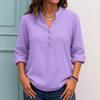 Women's Fashionable Solid Color V Neck Button Long Sleeved Casual Shirt Top