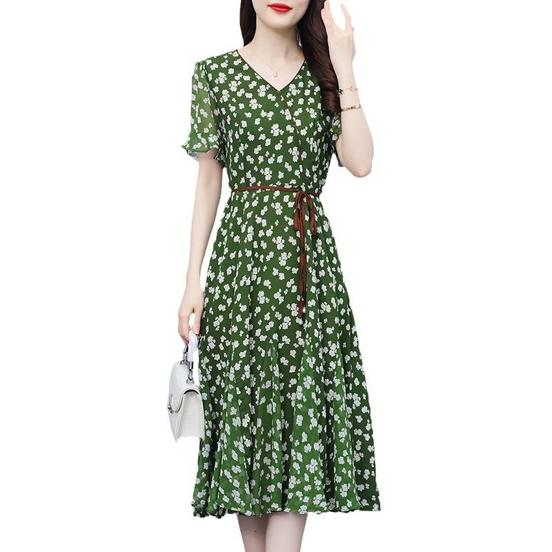 Новое летнее темпераментное женское платье с v-образным вырезом в западном стиле и цветочным принтом, 2024, мясное и тонкое модное шифоновое платье для женщин