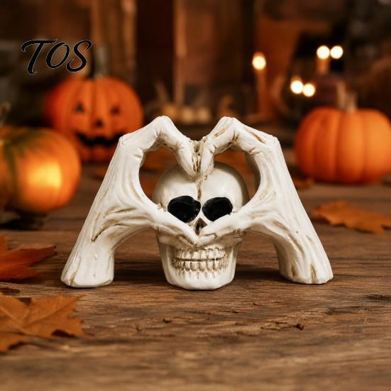Personalized Trendy Collectible Gothic Skeleton Hands Heart Sculpture with Skull, Romantic Love Statue, Halloween Vintage Yellowed Paint Craft