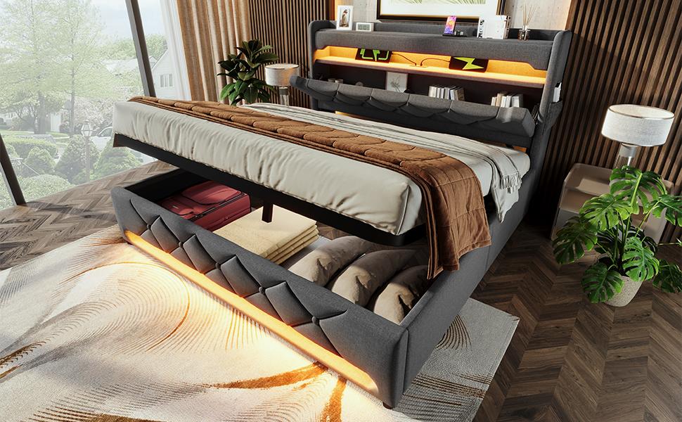 Upholstered Bed 140*190, Storage Headboard, USB Type C Port, 360 Surround LED around Head and Foot End, Hydraulic Storage, Grey, Linen(No Mattress)