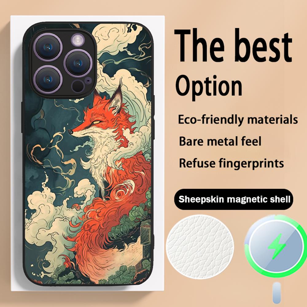 Nine-tailed fox art fashion design Phone Case For iPhone 16 15 14 13 12 11 Plus Pro Max High-end Luxury Magsafe Sheepskin