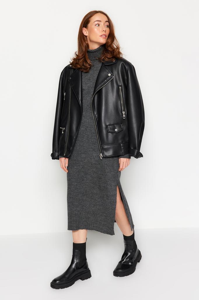 Женское модное новое платье, широкое платье средней длины, трикотажное платье с высоким воротником