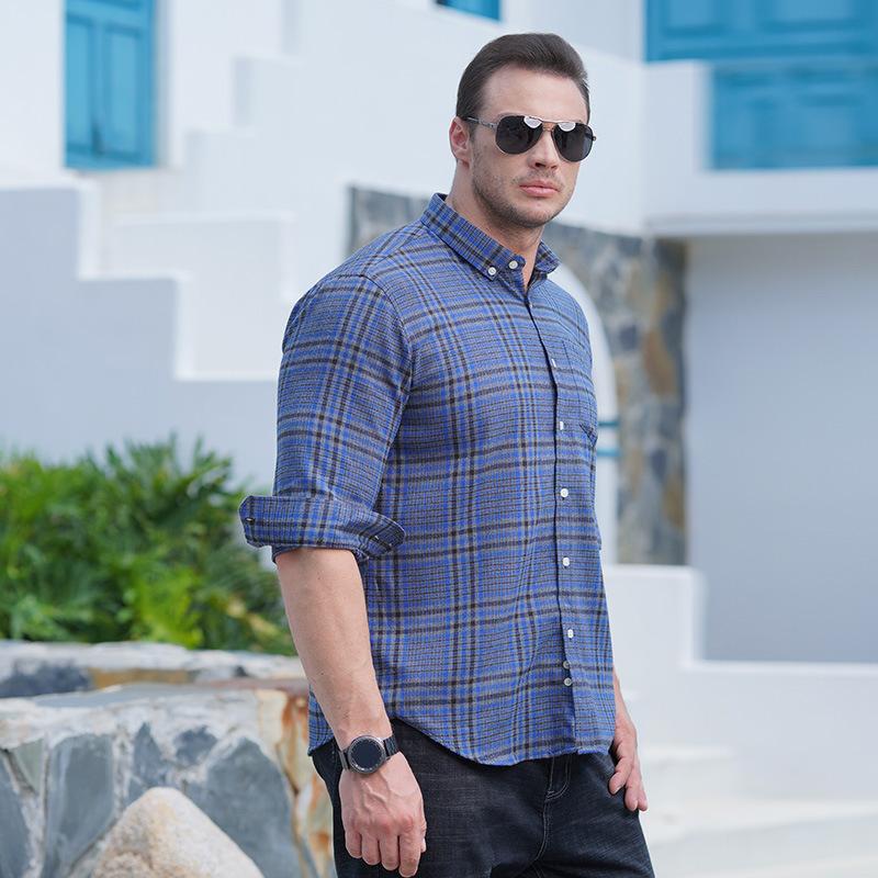 Men 'S Casual Loose All -Match Plaid Long -Sleeved Shirt Men