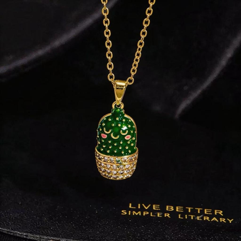 Creative Plant Cactus Clavicle Chain European American Dripping Enamel Alloy Personalized Printed Pendant Necklace For Women