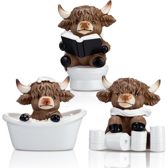 3Pcs Bathroom Highland Cow Figurine Bathing Reading Book Toilet Paper Highland Cattle Resin Statue Sculpture Decoration Ornament Calf Lovers Gifts