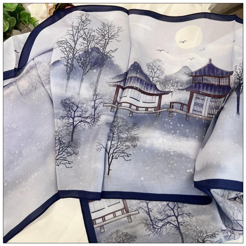 Oil painting magnolia thin silk crepe de chine scarf long scarf 100% mulberry silk summer sunscreen