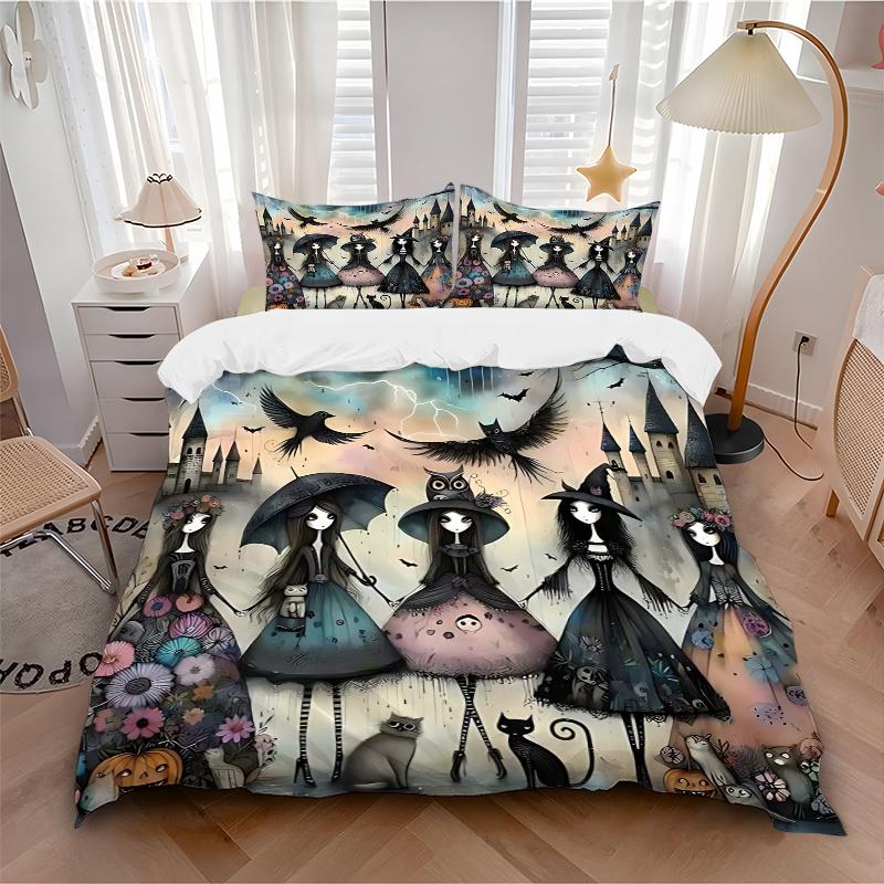 3pcs Halloween Witch Theme Comforter Set with One Quilt Cover and Two Pillowcases (No Core) - Anime Cartoon Design, Polyester Fabric, Perfect for Bedr