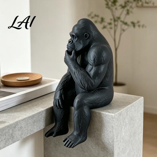 Creative Table Edge Decor 3D Printed Thinking Gorilla Figurine Mini Thinker Statue Thoughtful Gift for Men Modern Minimalist Sitting Sculpture