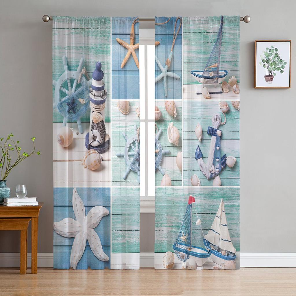 Marine Elements Lighthouse Vessel Sheer Curtains for Living Room Modern Voile Curtain Bedroom Tulle Curtains Window Drapes Decor