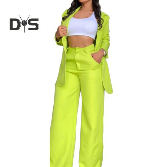 2 Pcs/Set Women Coat Pants Suit Single-breasted Turn-down Collar Long Sleeve Catdigan Jacket Wide Leg Straight High Waist Pants Lady Commute Coat
