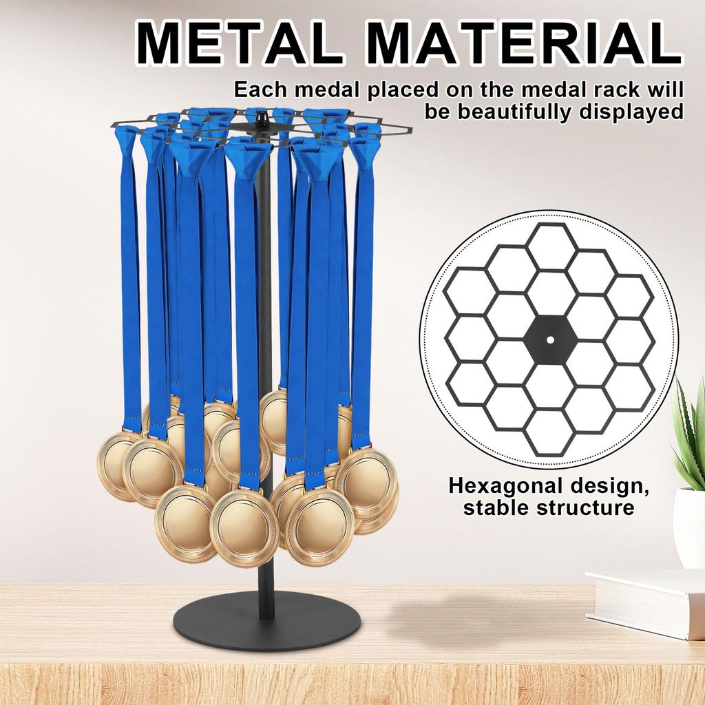 Tabletop Medal Display Stand Metal 360°Rotatable Medal Hanger for Basketball Running Sports Race, 40+ Medals Storage Racks