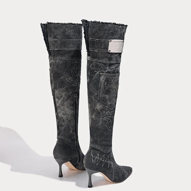 Женские ковбойские высокие ботинки с острым носком, сексуальные туфли на высоком каблуке, элегантные женские зимние ботинки челси 2024 года, туфли-лодочки, новые женские ботинки