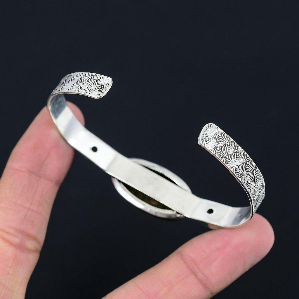 Natural Rainforest Jasper Gemstone Bangle Adjustable 925 Sterling Silver Jewelry