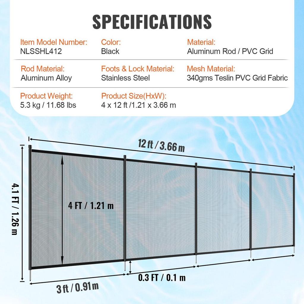 Pool Fence, 4 x 12 FT Pool Fences for Inground Pools, Removable Child Safety Pool Fencing, Easy DIY Installation Swimming Pool Fence, 340gms Teslin