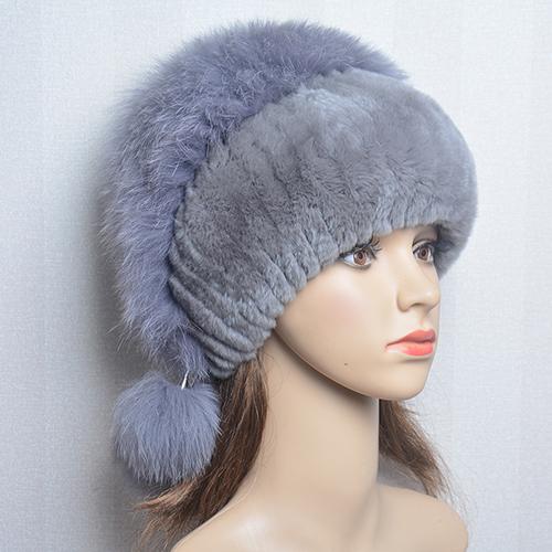 New Lady Winter Warm Natural Rex Rabbit Fur Hat Women Elastic Soft Handmade Knitted Real Fur Cap Fox Fur Beanies Hats