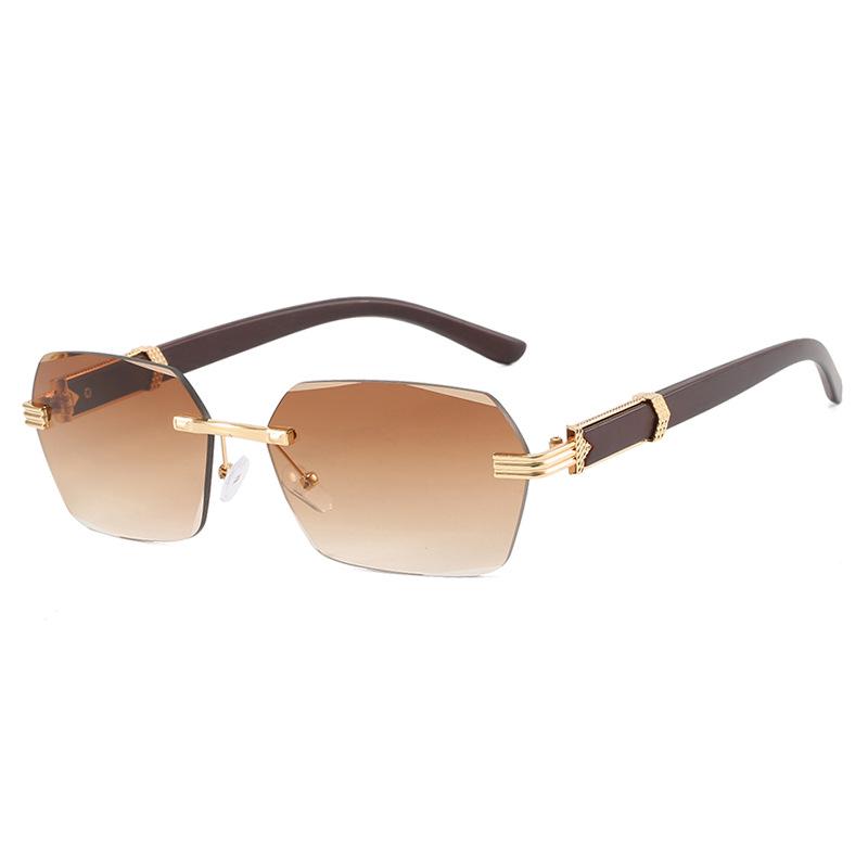 Трендовые безободковые солнцезащитные очки неправильной квадратной формы с маленькими дужками под дерево