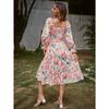 Summer Square Collar Floral Print Dress Women Elegant Fashion Long Sleeve Vintage Dress Plus Size High Waist A-line Party Loose Casual Dresses 1330