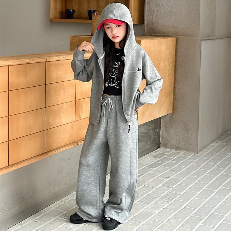 Girls 2026 Casual Zip Cardigan Set Kids Fashion Outerwear Wide Leg Pants 2-Piece