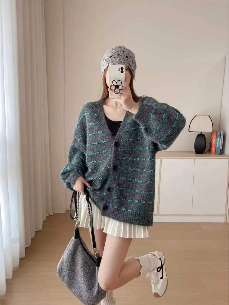 Вязаный кардиган в ретро-стиле, свободного кроя в полоску, осень-зима 2025 - Женский свитер-пальто в ленивом стиле