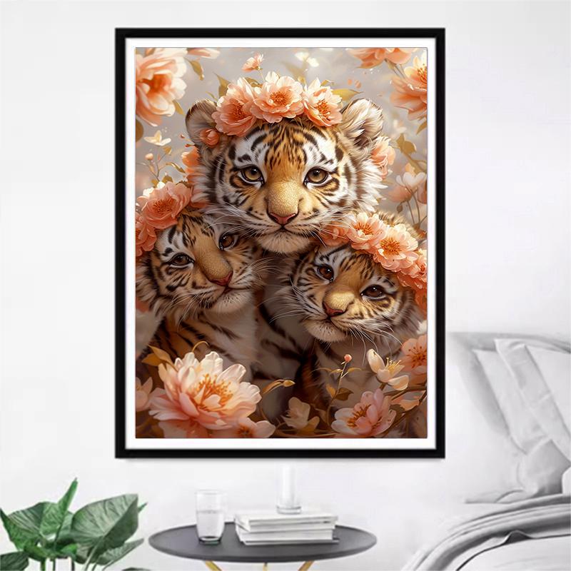 5d DIY Diamond Painting Cross Stitch Three Tigers Diamond Embroidery Mosaic Cute Animals Full Round Drill Home Decor