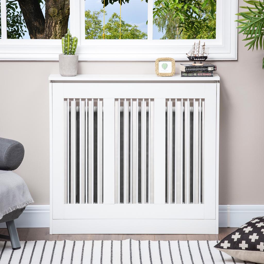 Slatted Radiator Cover, Modern Radiator Cover with Anti-Tip for Living Room, Hallway, Office, in MDF and Steel, 90x18x84cm, White