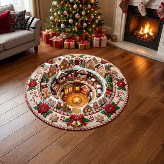 Creative Gift for Christmas Round 3D Rug, Optical Illusion Area Santa Claus Gnome Quilted-Like Comfortable Barefoot Floor Mat Anti-slip Washable