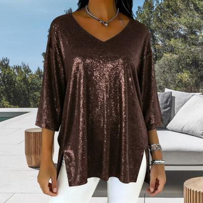 Женские топы V-образный вырез рукав 3/4 свободный крой пуловеры однотонные свободного кроя глянцевый дизайн повседневные топы женская одежда