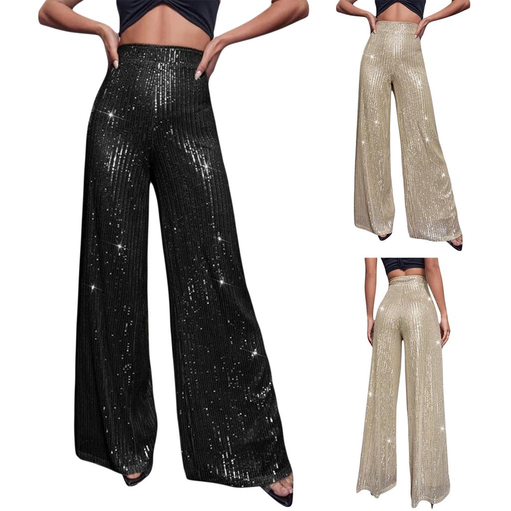 Women Wide Leg Pants, Elegant Shiny Sequined High Waist Loose Trousers for Club Party
