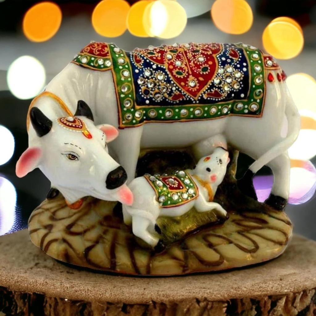 India Polyresin Decorative Cow and Calf Idol | Kamadhenu Gau MATA Murti Home Decor | Good Luck Gift Showpiece Figurine