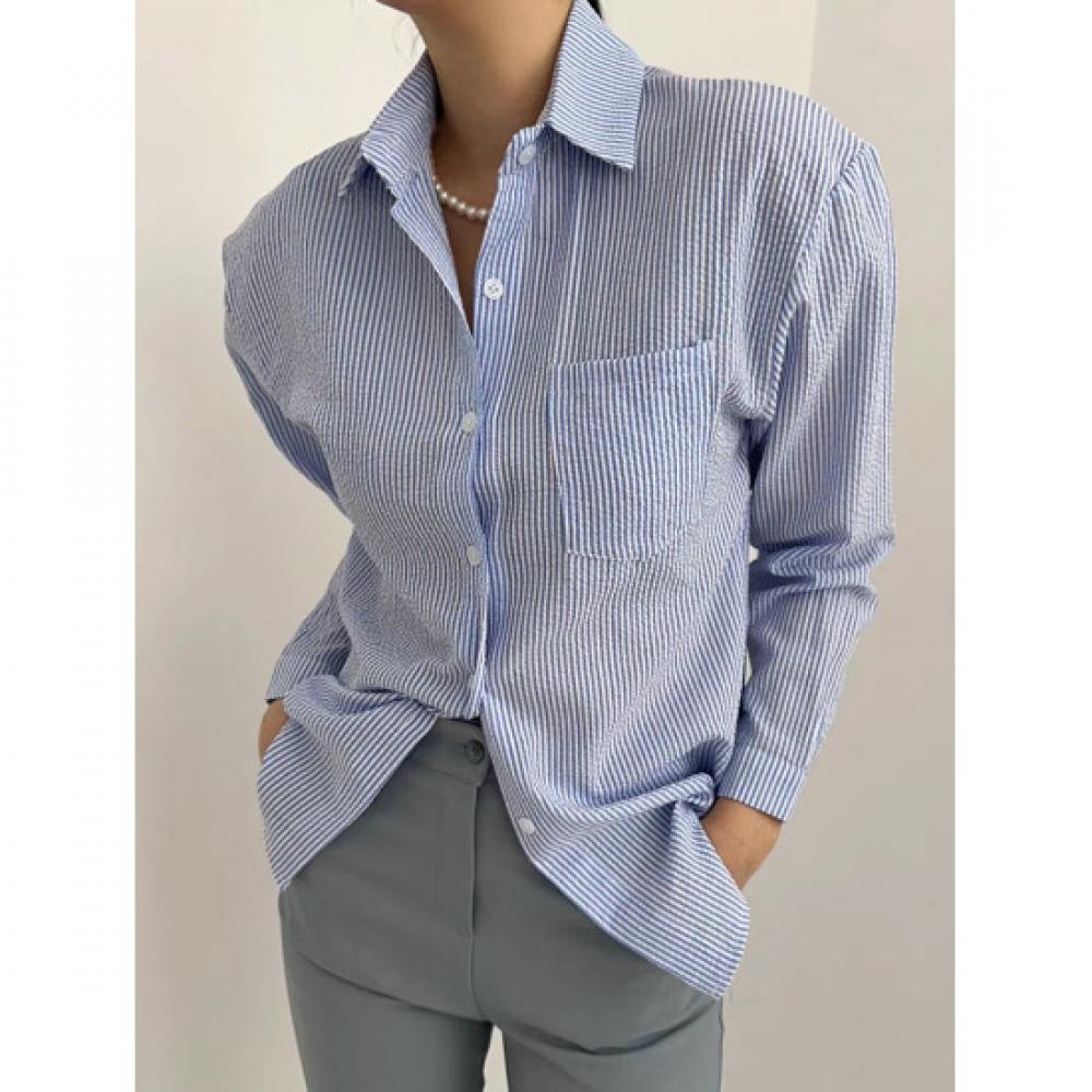 Shop Women S Striped baSic looSe Fit Collar Shirt Sky Blue 21dS Wbl 5127 Sora
