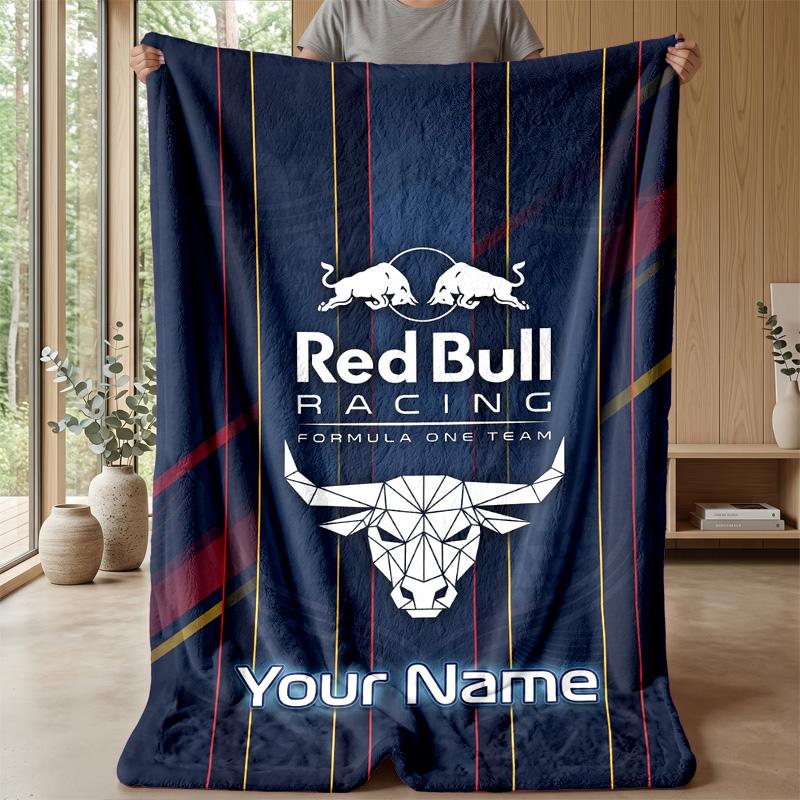 Red Bull Racing Custom Flannel Throw Blanket Print Your Name Text Soft Warm Blanket Holiday Present