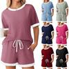 Women's Ribbed Short Sleeve Top and Shorts Set, Casual Loungewear with Contrast Trim, Multiple Color Options