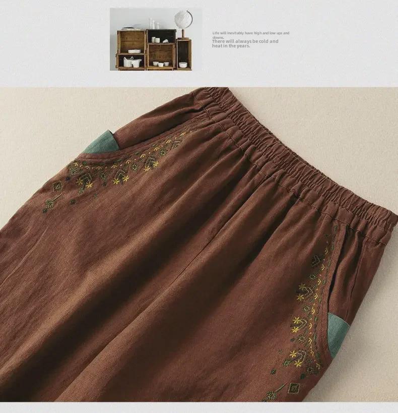 Женские брюки-морковки из хлопка и льна с вышивкой в стиле ретро 2024 года: Повседневный свободный фасон в стиле «шаровары» для весны, лета и осени.