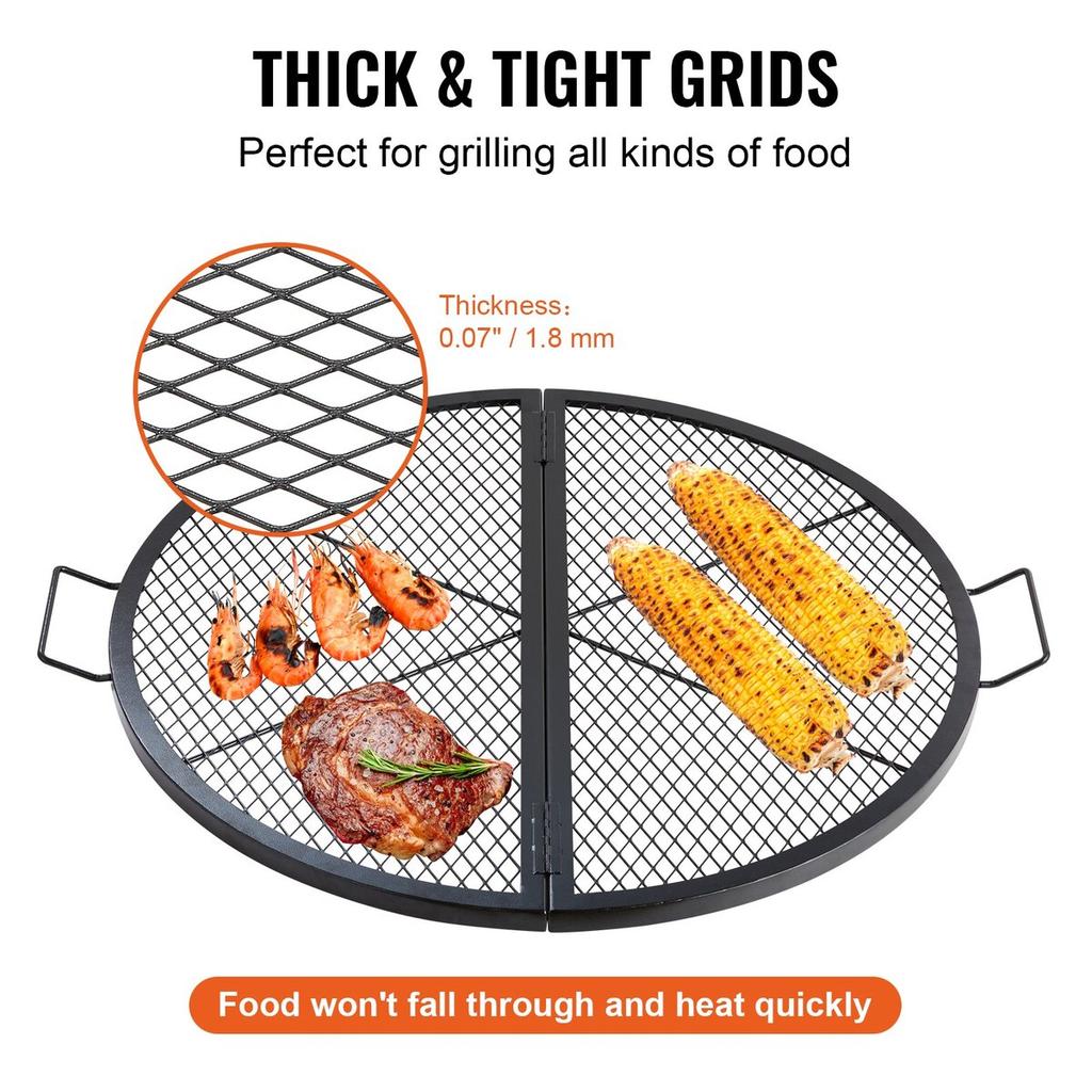 X-Marks Fire Pit Grill Grate, Foldable Round Cooking Grate, Heavy Duty Steel Campfire BBQ Grill Grid with Handle and Support X Wire, Portable Camping