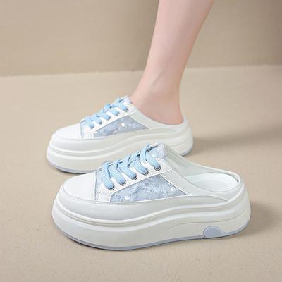 Новая сетчатая дышащая сумка-чехол Xia, ленивые маленькие белые туфли на платформе, увеличивающие рост и стройнящие, розовая вышивка, полушлепанцы без задника