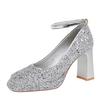 Women's Shoes with Thick Heels, High Heels, Waterproof Platform, Shallow Mouth, Square Toe, Sequins, Straight Strap, Single Shoe