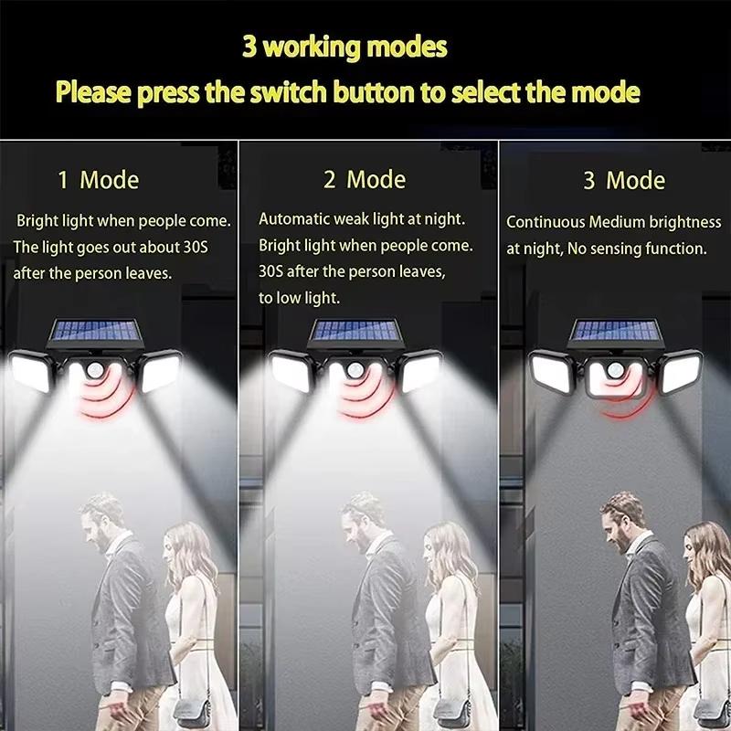 Светодиодный солнечный светильник уличный с датчиком движения, датчик человеческого тела, регулируемая головка, водонепроницаемость IP65, солнечный настенный светильник с тремя головками для сада