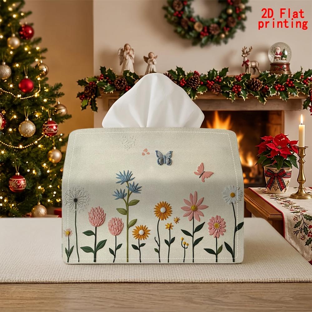 2D Flat 1pc, Tissue Box. Tissue Dispenser Box with Colorful Flower and Butterfly Decorative Pattern, Reusable, Daily Desktop Tissue Storage Box. Suita