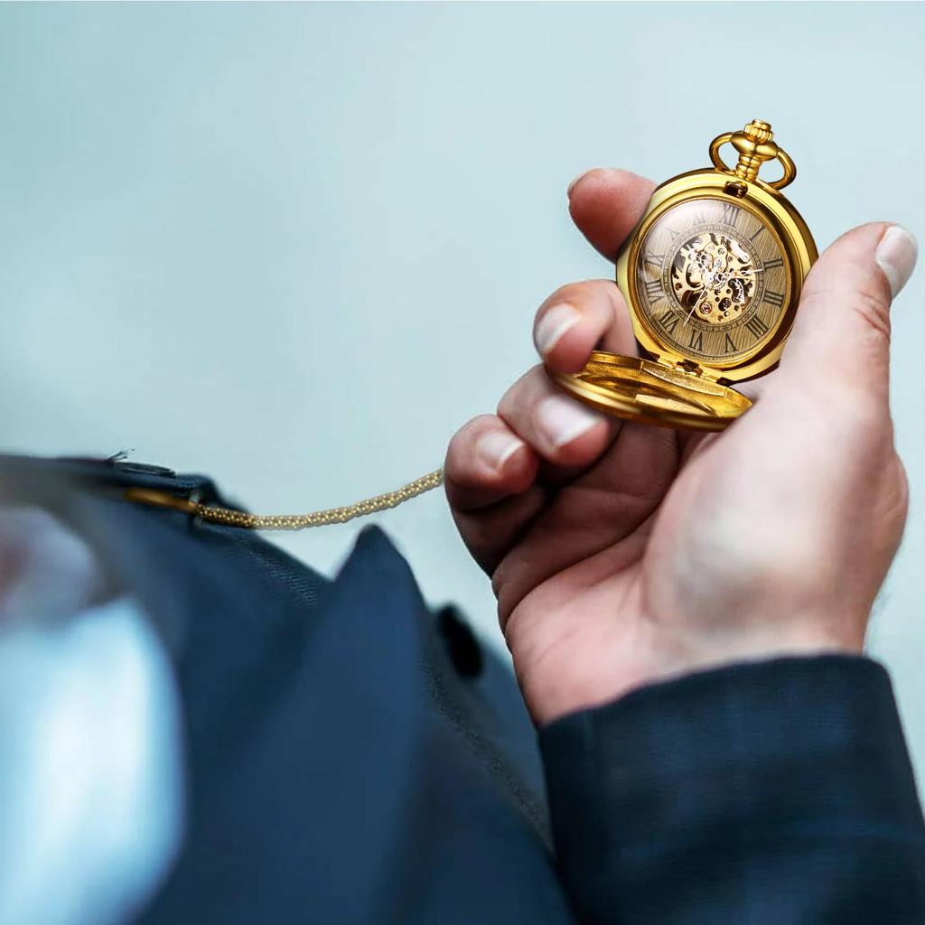 Pocket Watch Automatic Skeleton Antique Roman Analog Display Pocket Watch Waterproof Pendant Watch with Chain Gold Birthday Anniversary Christmas Day